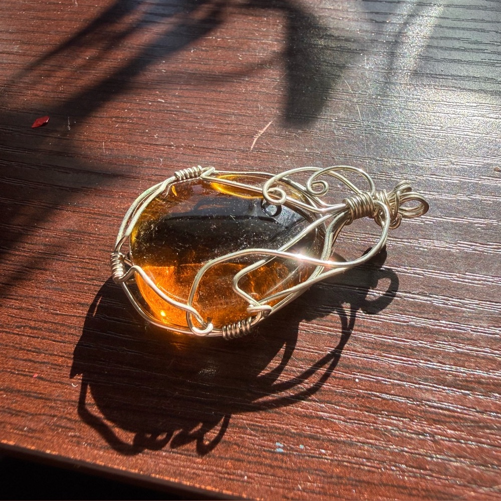 ▪️ Wire Hand-Wrapped Amber-Colored Glass Pendant